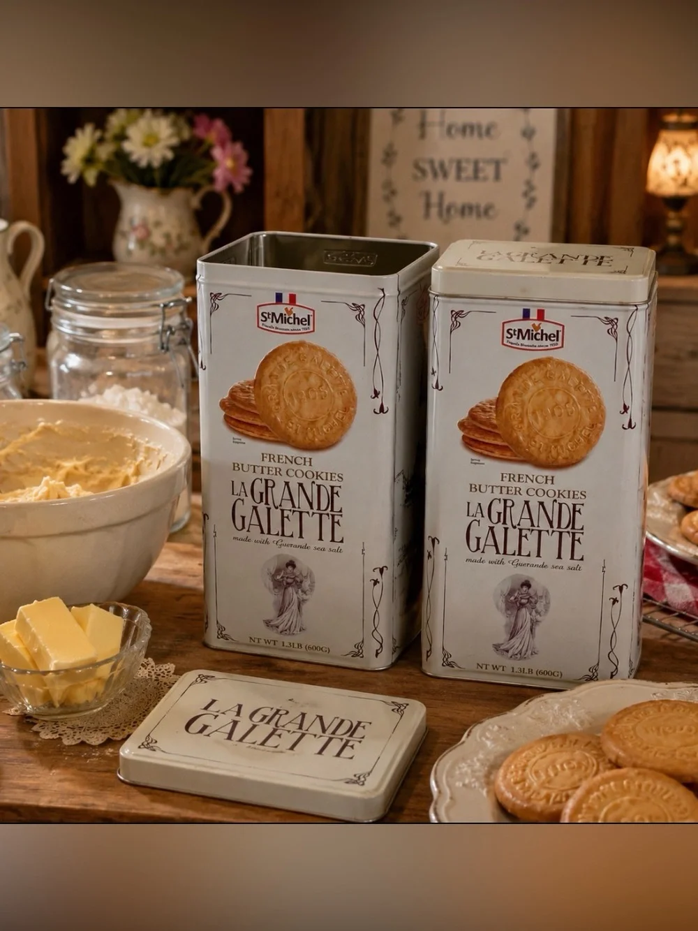 2 LA Grande Galette French Butter Cookie Tin Cans Collectible, Storage, Display